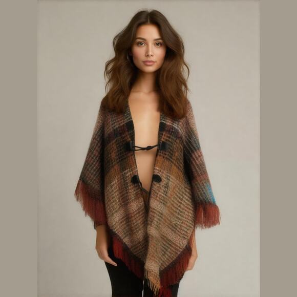 Coco + Carmen Brown Plaid Knit Fringe Poncho Shawl Sweater Casual Winter OS - Picture 1 of 8